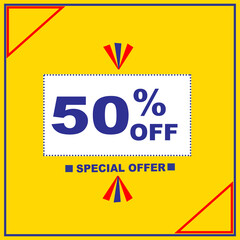 50% OFF. Special Offer Marketing Announcement. Discount promotion. 50% Discount Special Offer Conceptual Yellow Banner Design Template.
