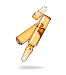 Whole and broken ampoules in the air closeup isolated on white background