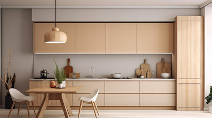 Minimal interior design kitchen room with beige cozy tone style, decorate with wooden counter. chairs and brown tone background, empty wall for mock up and banner, with Generative Ai.