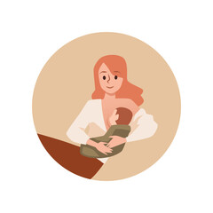 Obraz premium Circle banner with mother feeding a baby with breast, flat vector isolated.