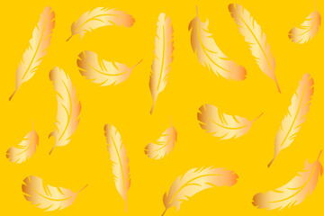 Vector collection of feathers, beautiful golden feathers of different shapes scattered randomly on a yellow background