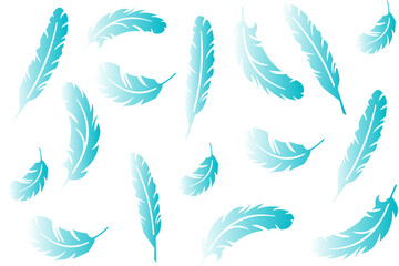 Vector collection of feathers, beautiful blue feathers of different shapes scattered randomly on a white background	