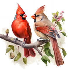Illustration of a male and female cardinals on a tree branch with transparent background. Generative AI