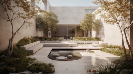 A serene outdoor oasis with sleek box planters and polished stone flooring. AI generated