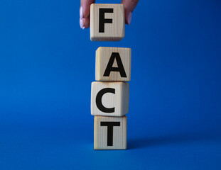 Fact symbol. Concept word Fact on wooden cubes. Businessman hand. Beautiful blue background. Business and Fact concept. Copy space.