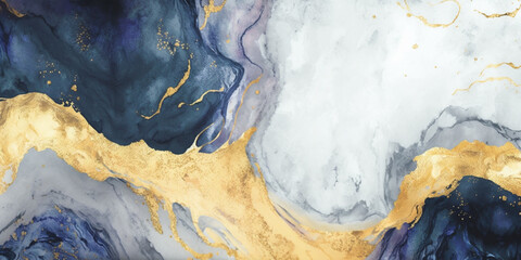 Marbled blue and golden abstract background. Liquid marble pattern background. Ink alcohol melt wallpaper. Generative Ai.