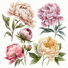 Beautiful set of peonies in retro color palette. Watercolor flower illustration. White, pink, light blue peony on a white background. Set Peonies flowers