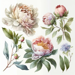 Beautiful set of peonies in cold color palette. Watercolor flower illustration. White, pink, light blue peony on a white background. Set Peonies flowers
