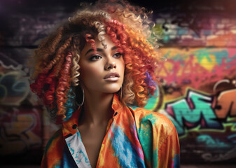 Fototapeta na wymiar girl with multicolored curly hair in front of a graffiti wall. generative ai