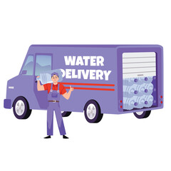 Water delivery man in front of car or truck, flat vector illustration isolated on white background.