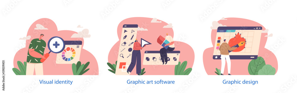 Aufkleber graphic design creative profession concept with tiny male and female designer characters drawing on 