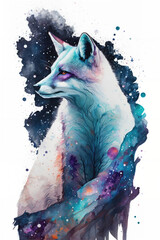 Watercolor galaxy painting illustration of a white arctic fox with isolated transparent background. Generative AI