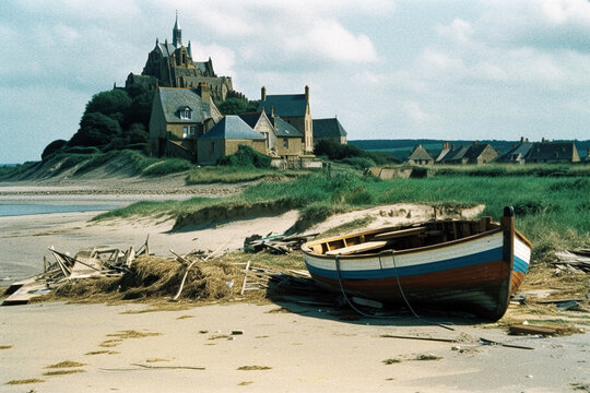 Vintage Color Photo of Mont Saint Michel with a Boat in the Foreground - generative AI