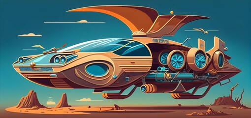 The illustration captures a breathtaking scene of a futuristic flying car elegantly soaring over a vast, sun-drenched desert landscape. The car's sleek, aerodynamic design and vibrant metallic finish 