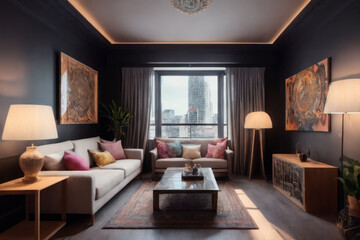 Fototapeta premium Modern living room with cluttercore interior design. Generative AI