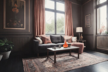 Obraz premium Modern living room with cluttercore interior design. Generative AI