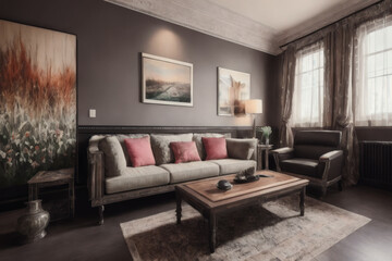 Fototapeta na wymiar Modern living room with cluttercore interior design. Generative AI
