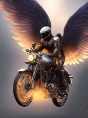 Winged angel on a motorcycle, an angel flying on a motorcycle in a flame of fire. Generative Ai.