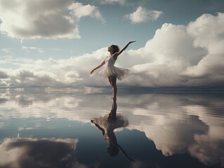 a dancer on the mirror lake, a reflective cloudy sky, nature with design - obrazy, fototapety, plakaty
