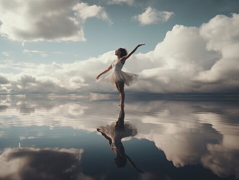 a dancer on the mirror lake, a reflective cloudy sky, nature with design