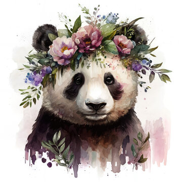 Watercolor painting illustration of a panda with flowers on its head, with transparent background. Generative AI
