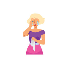 Weeping crying young woman character flat vector illustration isolated.