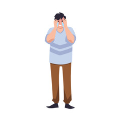 Crying man holding hands to face flat style, vector illustration