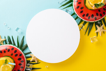 Soak up the sun with this top view flat lay of swim ring, cocktails, palm leaves, citrus fruit, and starfish on a blue and yellow background. Use the empty circle to showcase your text or advert - Powered by Adobe