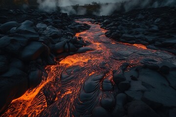 river of lava from a erupting volcano - obrazy, fototapety, plakaty