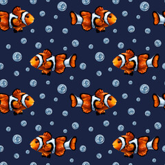 Seamless pattern with colorful tropical clown fish and water bubbles. Marine underwater life, travel, diving. Illustration for textiles, fabrics, banners, wrapping paper, wallpaper