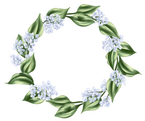 Elegant wreath in a round frame made of gypsophila and green rose leaves in watercolor style. Digital illustration on a white background. For invitations, date saving, gratitude or greeting card