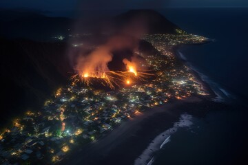 erupting volcano at night with city close to it