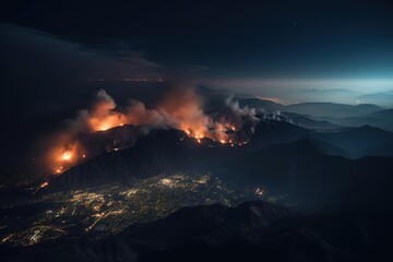 erupting volcano at night with city close to it