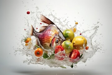 Fish, vegetables and water splash. White background.