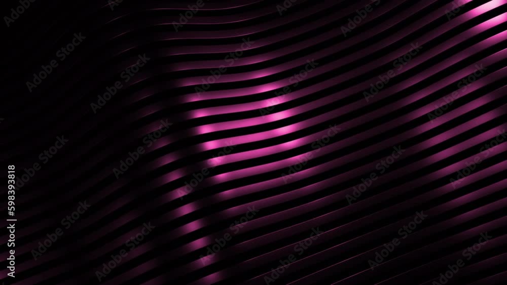 Poster 3d background with moving waves stripes. design. metal bands move in waves on black background. silk