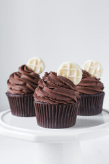 Chocolate cupcake with dark chocolate buttercream, double chocolate cupcakes with american buttercream, tall swirl frosting on a cupcake with a wafer
