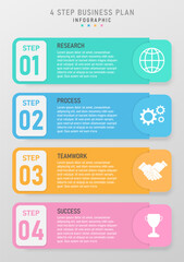 infographic vertical template simple 4 steps business planning success square multi color pastel right white icon gray gradient background design for marketing, product, finance, project, investment