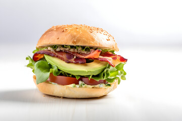 Fresh bagel with bacon, avocado, tomatoes and green salad on white table, light background. Copy space. AI generated.