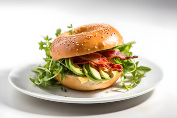 Fresh bagel bun with bacon, avocado and green salad on white table, light background. Copy space. AI generated.