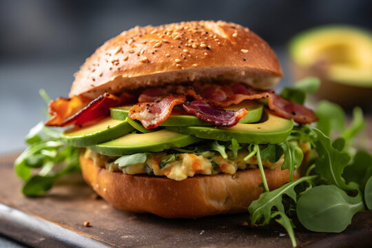 Fresh bagel with bacon, avocado, cheese and green salad on wooden plate, close up on dark background. AI generated.