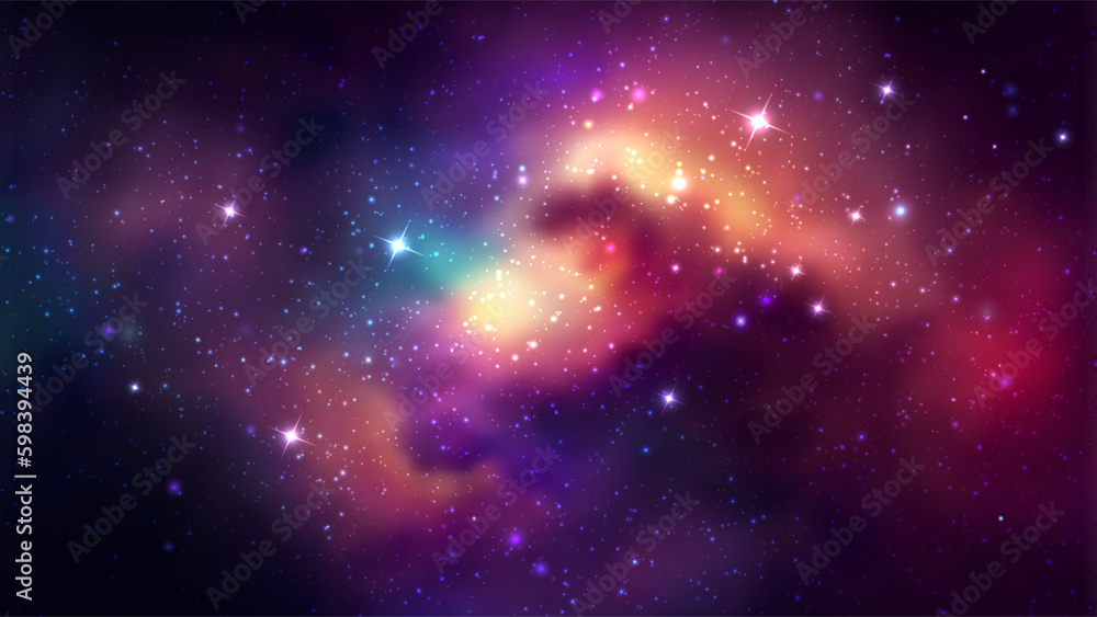 Poster space vector background with realistic nebula and shining stars. magic colorful galaxy with stardust