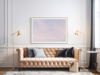 Beige tufted velvet sofa and mock up frame on the wall. Interior design of modern living room. Created with generative AI