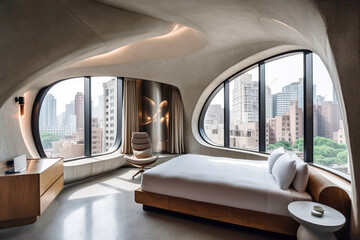 Fototapeta premium Interior design of modern bedroom. Created with generative AI