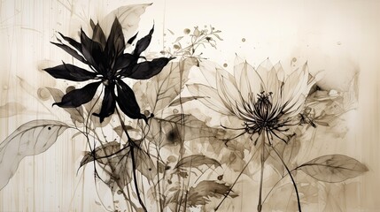 fine art botanical painting lith printing light Champagne and black,single design,in white background,generative ai.