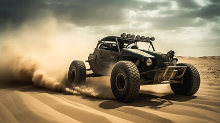 Fototapeta na wymiar Highly customized rusty buggy rushes through the desert. Generative AI