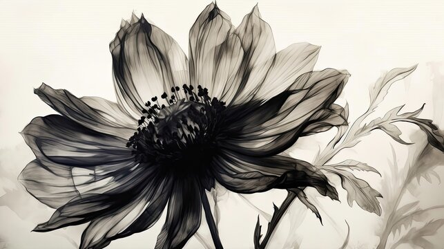 fine art botanical painting lith printing light Champagne and black,single design,in white background,generative ai.