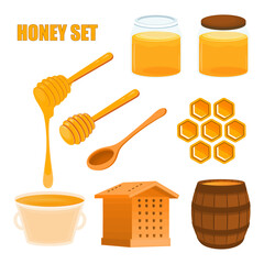 Honey set. Cartoon collection of honey. Sweet elements, honeycomb, organic natural products. Vector flat set.