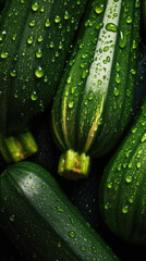 Fresh courgettes with water drops, close-up shot on black background. Generative AI.
