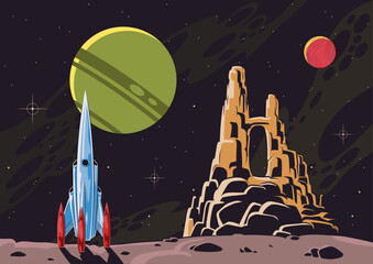 Retro Futurism Space Landscape Poster. 1950s-1960s Vintage Fantastic Sci Fi Cosmos Illustration © koyash07