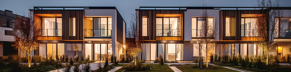 Modern modular private townhouses with wooden cladding. Residential architecture exterior. Created with generative Ai